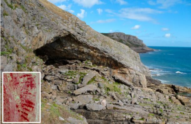 A general view of Bacon Hole cave on the Gower Peninsula, Wales, overlooking the Bristol Channel, with Insert, images of the newly denoted cave art