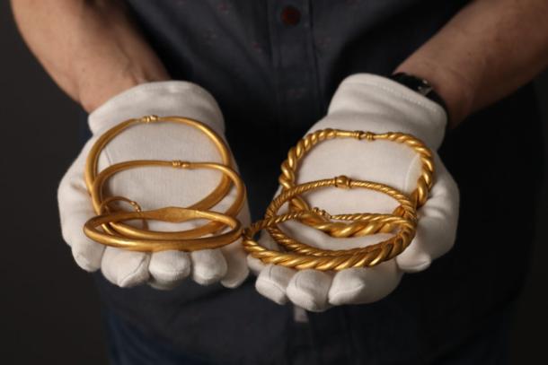 The six gold rings that make up the Rold Viking hoard found in Denmark
