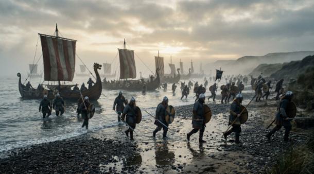 Cinematic style impression of The Great Heathen Army landing on the shores of Anglo-Saxon Britain
