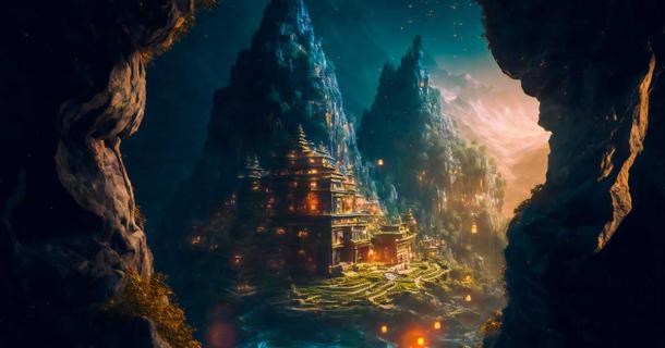 The mythical city of Shambhala, as generated by AI technology. Source: EwaStudio / Adobe Stock 