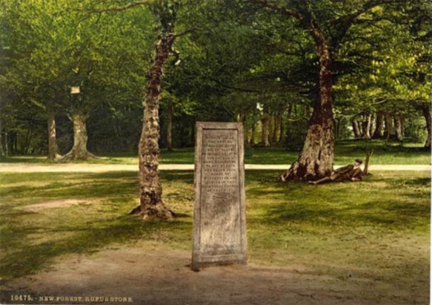 The Rufus Stone in the New Forest, England, from sometime between 1890 and 1900. (Public Domain)