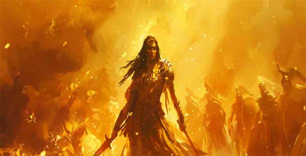 Painting of a fierce Amazonian woman leading her army into battle. Source: Pana/Adobe Stock 