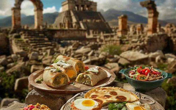 AI image of Aztec cuisine with Aztec empire in the background. Source: Jeannaa/Adobe Stock