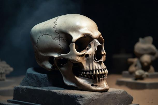 A dramatic, atmospheric close-up of a single elongated Paracas child skull resting on a museum display block. AI-generated image created to illustrate the mysterious and striking appearance of the Paracas elongated skulls.