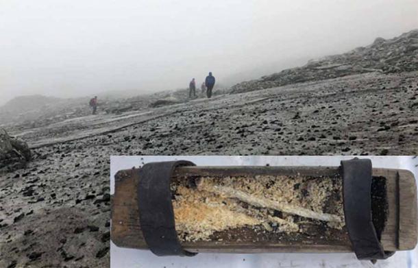 The Lendbreen ice patch. (Espen Finstad, secretsoftheice.com) Insert: The box found at the ice-patchcontaining a well-preserved beeswax candle. (Secrets of the Ice)
