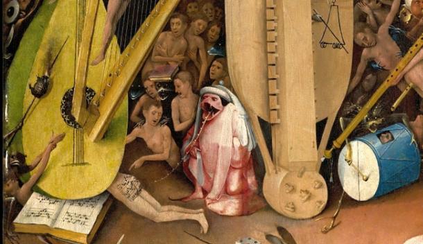 Detail of a Bosch painting showing a man lying under a giant lute with musical notes painted on his buttocks, an open music book and a crowd of naked figures behind