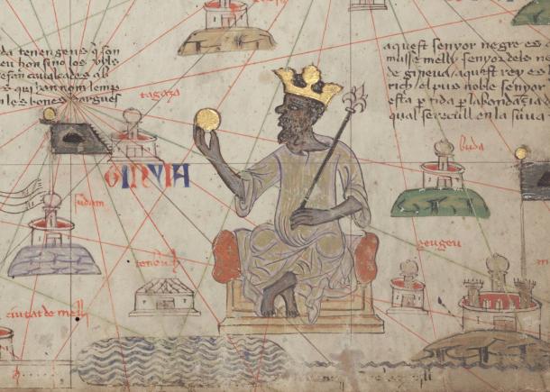 Medieval map detail of a crowned ruler seated on a throne holding a gold disc