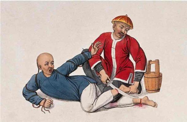 A Chinese prisoner who has tried to escape is lying on the ground while a man wearing a red jacket is cutting his ankles with a sword. Colored stipple print by J. Dadley, 1801.Source: Wellcome Collection/ Public Domain