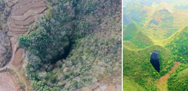 Right; China sinkhole forests show biodiversity in Hanzhong. Right Sinkhole examined in 2022. Source: Left; Charlie fong/CC BY-SA 4.0, Right; Zhou Hua / Xinhua