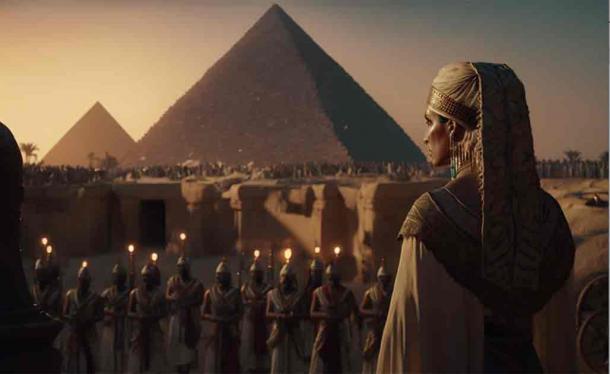 Al generated art of Cleopatra's speech to the crowd at sunset with the pyramids of Giza in the background in Egypt. Source: unai/Adobe Stock