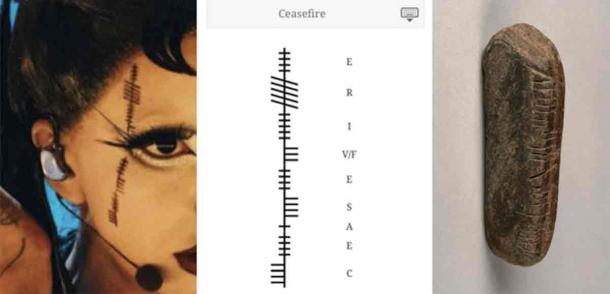 Left; Ogham script on Bambie Thug cheek, Middle; translation, Right; Ogham stone found in Coventry. Source: Left, center; Reddit Right; The Herbert Art Gallery and Museum