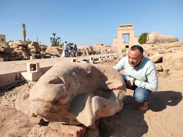 One of the huge ram heads that sat on top of what is called a criosphinx, a combination of a ram and a sphinx. Source: Dr Mostafa Waziry