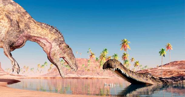 Digital reconstruction of a Acrocanthosaurus dinosaur and a prehistoric Sarcosuchus crocodile or SuperCroc. Source: Michael Rosskothen / Adobe Stock 