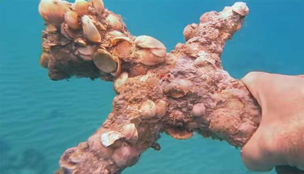 The crusader sword was found encrusted with mollusks off the coast of Israel. Source: Shlomi Katzin / Israel Antiquities Authority