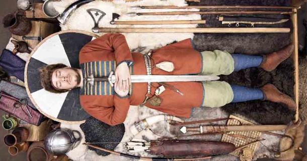 Reconstruction of an Iron Age Nordic warrior’s burial. Two rich warrior graves in Sweden also included down duvets!