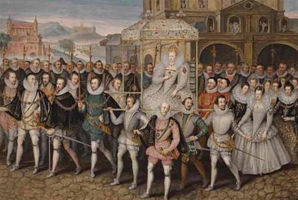 The Procession Picture, c. 1600, showing Elizabeth I borne along by her courtiers. Source: Public Domain