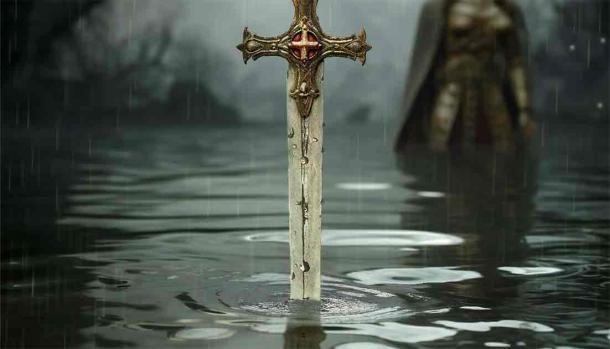 Artistic recreation of the legendary sword Excalibur coming out lake, generated by AI. Source: Manuel Mata/Adobe Stock