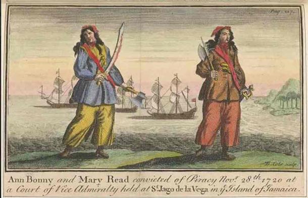 Ann Bonny and Mary Read convicted of Piracy November 28th, 1720, in a court of Vice Admiralty held at St. Jago de Vega in ye island of Jamaica. Source: Public Domain 