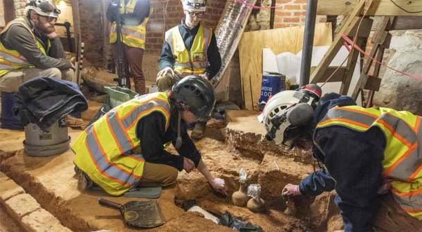 As part of the groundbreaking $40 million Mansion Revitalization Project funded by private donors, archaeologists unearth two intact, sealed 18th-century glass bottles at George Washington's Mount Vernon estate. Source: Mount Vernon Ladies' Association