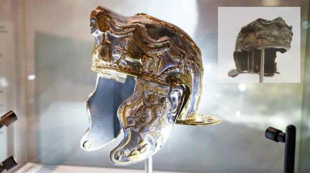 Replica of the Hallaton Helmet. The original is set to be displayed at the Harborough Museum in Leicestershire, UK. (Inset; the original helmet) Source: Harborough Museum (Inset; CC BY 2.0)