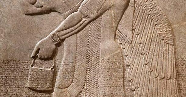 Assyrian relief carving, circa 883 to 859 BC, which includes a representation which looks surprisingly similar to modern-day handbags. Source: Public domain