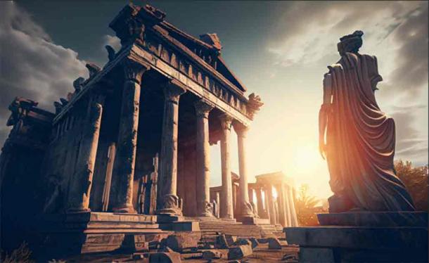 AI image of ancient Greek civilization, a Greek temple ruins with a female goddess statue.