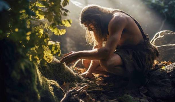 Ancient human foraging for berries and edible plants in a dense forest. Source: Microgen/Adobe Stock