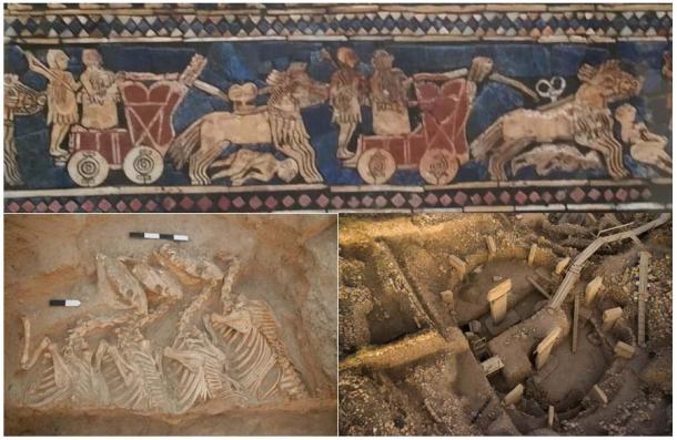 Top: Sumerian chariots drawn by hybrid animals known as kungas, illustrated on the Standard of Ur (© Thierry Grange) Bottom left: Hybrid animals known as ‘kungas’ found at Umm el-Marra site, Syria (Glenn Schwartz/John Hopkins University). Bottom right: South of Gobekli Tepe, Turkry, D enclosure T pillars. (Deutsches Archäologisches Institut, Berlin). Source: CNRS