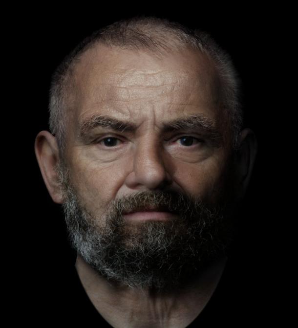 Digital reconstruction of a middle-aged man with close-cropped graying hair and a graying beard