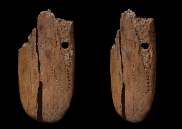 Dorsal and ventral views of the mammoth ivory pendant discovered in Stajnia Cave in southern Poland in 2010. Scale bar is 1 cm (0.4 inches). Source: © Antonino Vazzana - BONES Lab / Nature