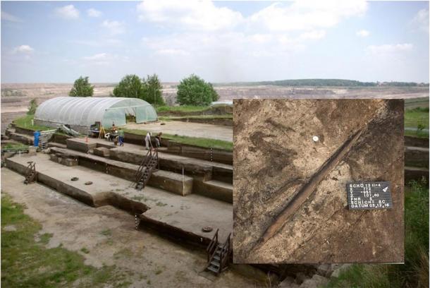Main: View over the excavations in Schöningen in Germany. Inset: The ‘killing stick’ that was unearthed at the excavation site. Source: Eberhard Karls Universität Tübingen