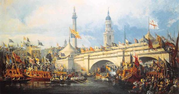 The Opening of the New London Bridge (completed in 1831) by George Chambers. Source: Public domain
