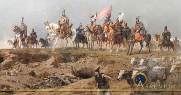 Grand Prince Árpád crossing the Carpathians.Árpád Feszty's cyclorama titled the Arrival of the Hungarians. by Feszty vezerek (1892) (Public Domain)