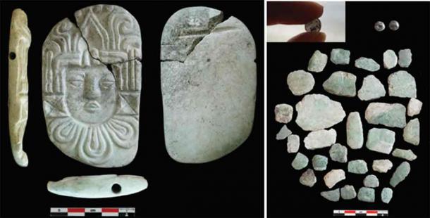 Left; Carved pendant plaque of a human head from the burial. Right; Jade Mask in fragments. Source: C. Halperin/Antiquity
