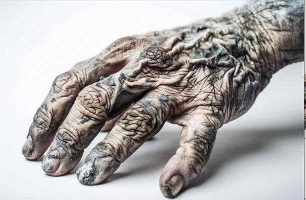AI image of the withered hand of a man with a deadly disease. Source: Alexander/Adobe Stock
