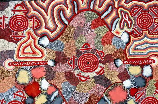 This work of Australian Aboriginal Art shows a map representation, likely linked to the idea of a songline, and links to the idea of how these ancient peoples were able to remember so much without a written language