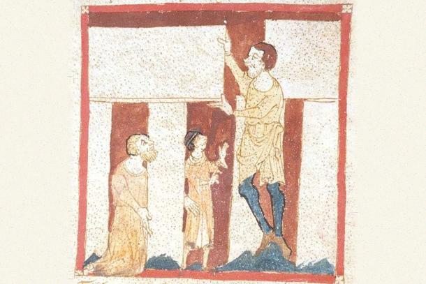 Medieval manuscript painting of a giant setting a lintel on two upright stones of Stonehenge while Merlin and another figure look on