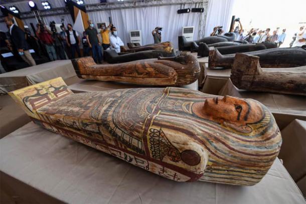 A few of the perfectly preserved new Egyptian mummies and coffins recently found in the Saqqara area, south of Cairo. Source: Ministry of Tourism and Antiquities
