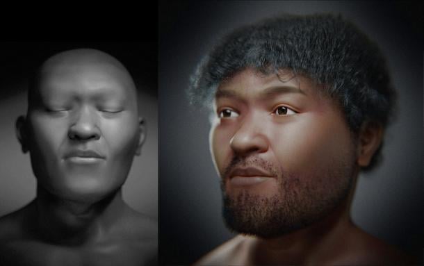 Two digital faces of Nazlet Khater 2: a gray bust with closed eyes and a color version with short dark hair and a beard