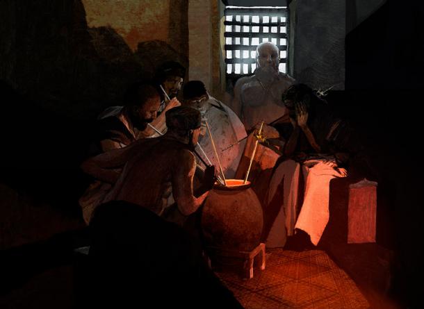 Recreation of the oldest drinking straws, found at the Maikop burial, in use. Source: Kevin Wilson / Antiquity Publications Ltd