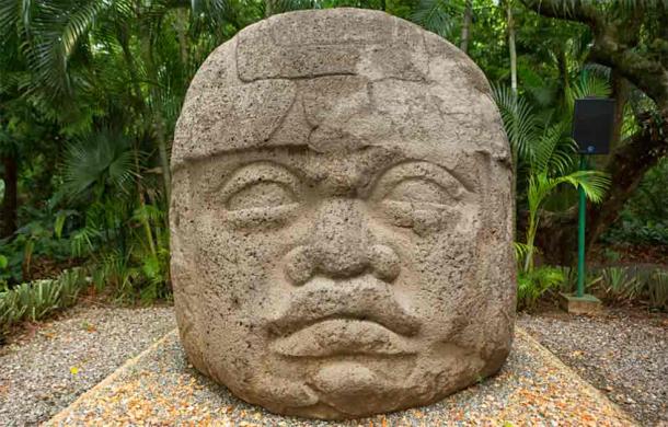 Large pre-Hispanic Olmec basalt carved head in the La Venta archeological park in Villahermosa Mexico. Source: Barna Tanko