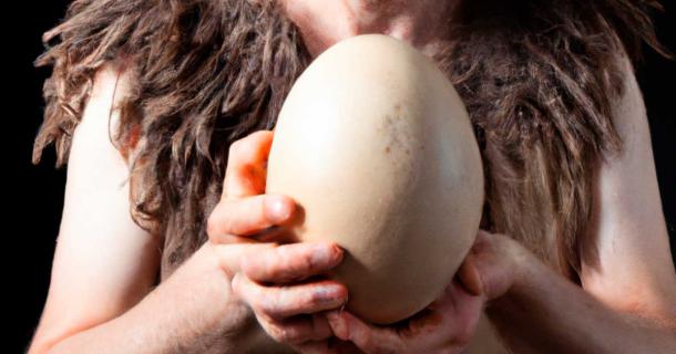 Prehistoric man holding an ostrich egg. Public domain.