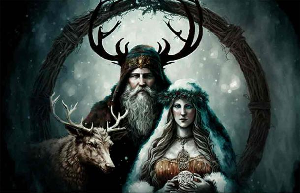 AI image of a painting, showing a Pagan Christmas card of Holly King and Winter Goddess. Source: Kelly Cree/Adobe Stock