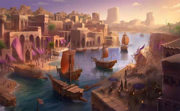 A captivating digital illustration showcasing the bustling life of an ancient Phoenician port city, featuring merchants actively trading goods, a harbor filled with colorful sailboats. Source: Kristian/Adobe Stock