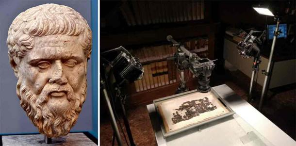 Left; Bust of Greek Philosopher Plato. Right; the carbonized Herculaneum papyri being studied. Source: Left; CC BY-SA 4.0, Right; Consiglio Nazionale delle Ricerche