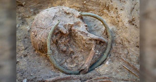 A copper torc was excavated from a prehistoric necropolis in southern France. Source: Denis Dubesset / INRAP