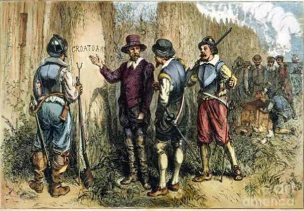 Painting by Englishman John White of Sir Walter Raleigh’s 1590 Expedition to Roanoke Island to find the Lost Colony, where they found “Croatoan” carved on a tree. This may refer to either Croatoan Island or the Croatoan people. Source: Public Domain