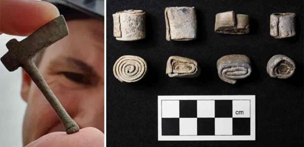 Left: The tiny votive axes were probably utilized within an ancient ceremonial practice. Right: Rolled up lead Roman curse tablets found at the site. Source: Red River Archaeology Group