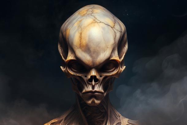 A mysterious photorealistic depiction of the legendary Starchild Skull