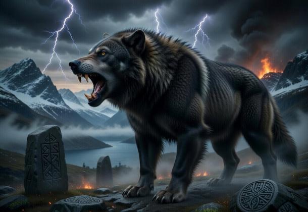 Fenrir, the monstrous wolf of Norse mythology, stands powerfully on a rocky cliff overlooking a misty fjord. With bared fangs and glowing eyes, he lets out a furious roar beneath a stormy sky filled with lightning and volcanic fire in the distance.